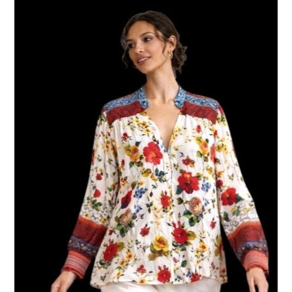 Alice + Olivia White Floral Boho Button-Front Blouse with Red & Blue Accents